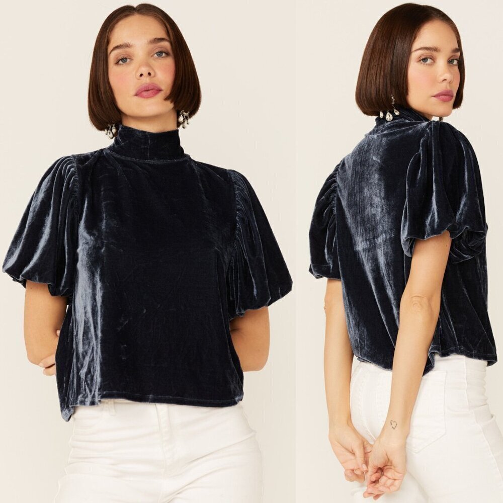 Free People Blue Velvet Knit Claudia Puff Short Sleeve Blouse- 35955